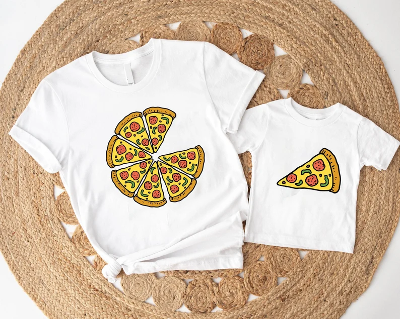 two t - shirts with pizza slices on them