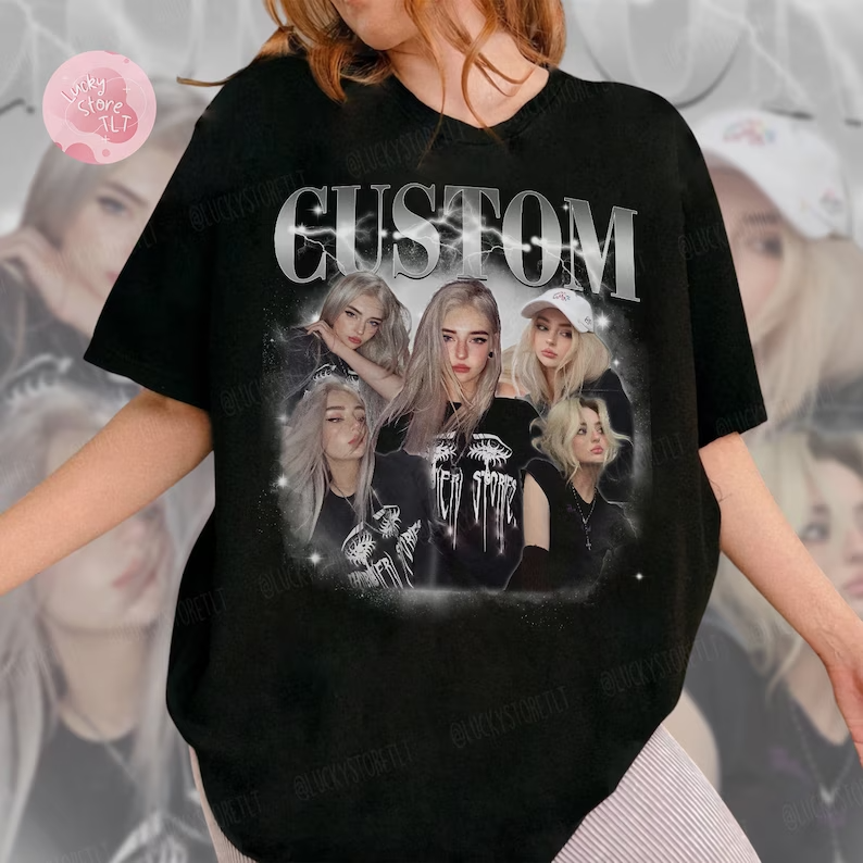 a woman wearing a black t - shirt with a group of women on it