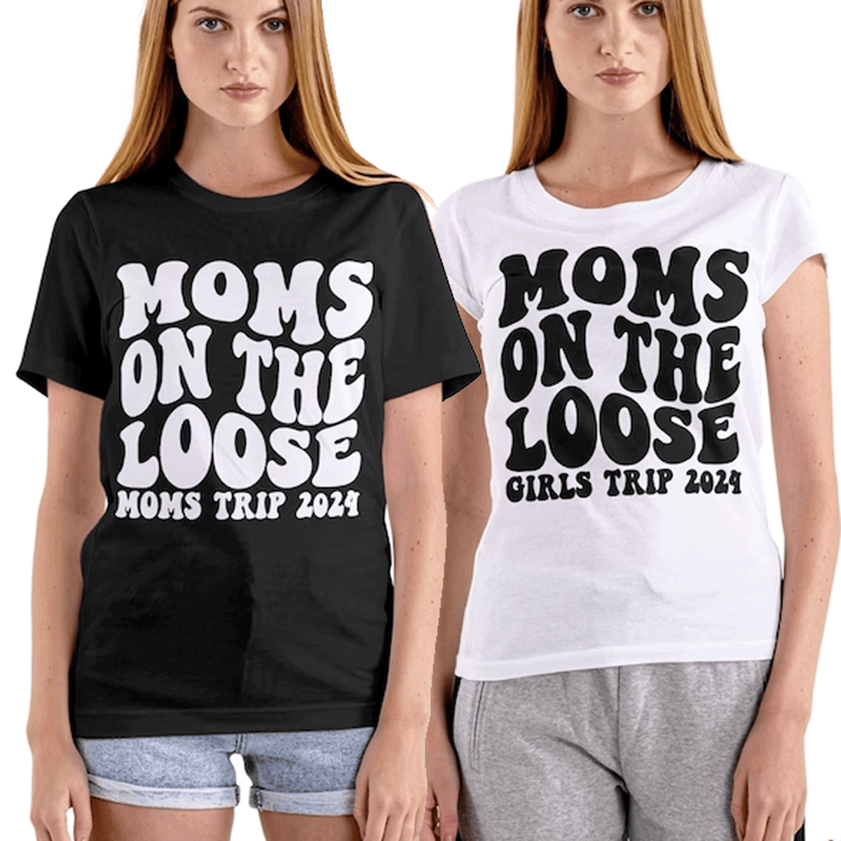 two women wearing t - shirts that say moms on the loose