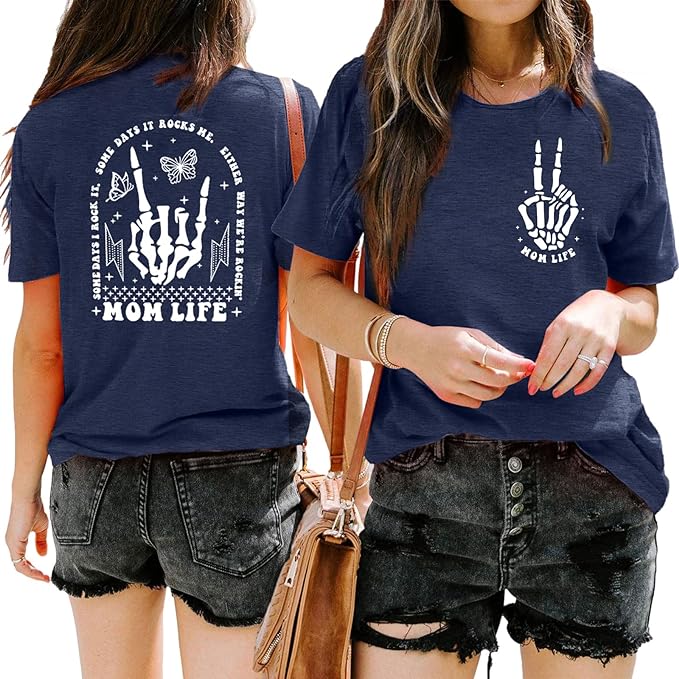a woman wearing a t - shirt with the words mom life on it